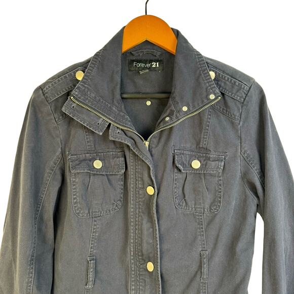 Forever 21 Navy Blue Cotton Utility Field Jacket Women’s Size 10 Button Flap - Picture 2 of 9